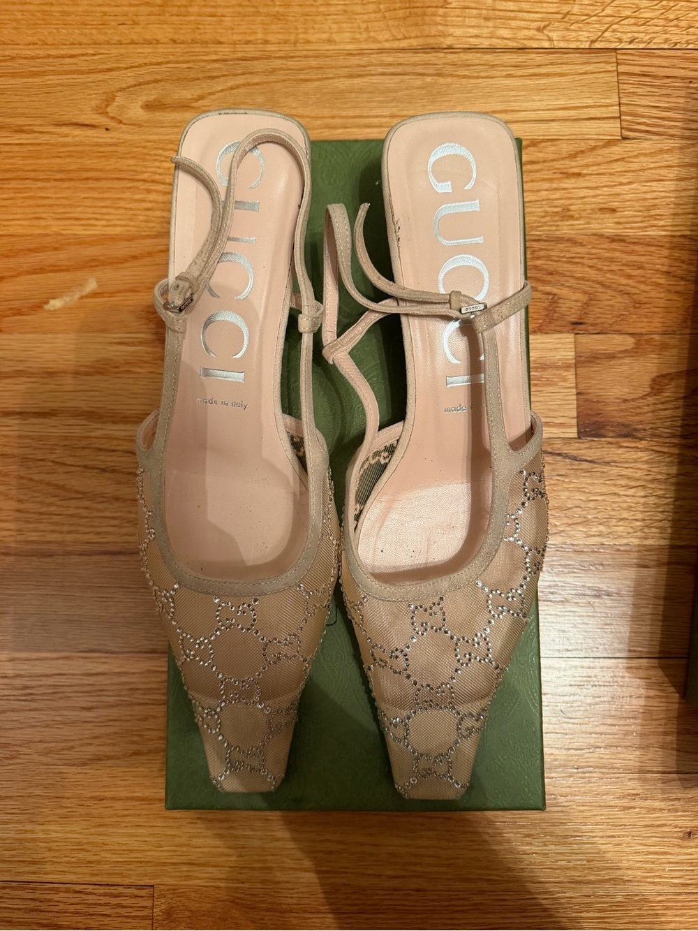Gucci Nude Crystal-Trim Mesh Slingback Heels